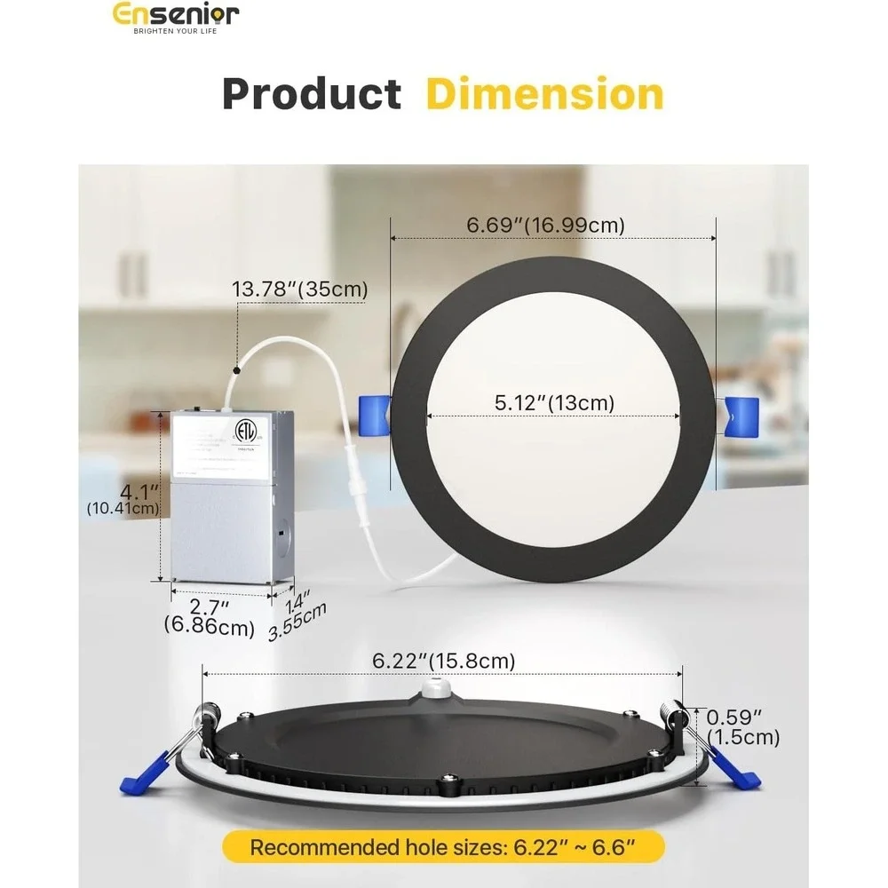 Ensenior 6 In LED Recessed Light‎ Canless Wafer 1200LM 5CCT Dimmable Black 12W